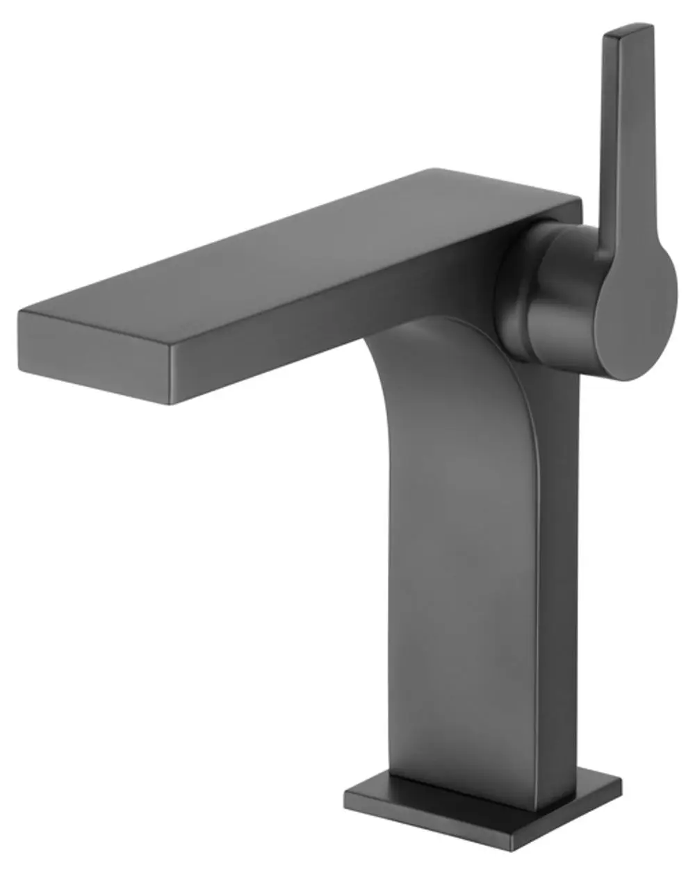 Keuco Wasserhahn in Schwarzchrom, mit einem rechteckigen Auslauf und einem seitlichen Hebel zur Steuerung des Wasserflusses, auf quadratischer Basis montiert.